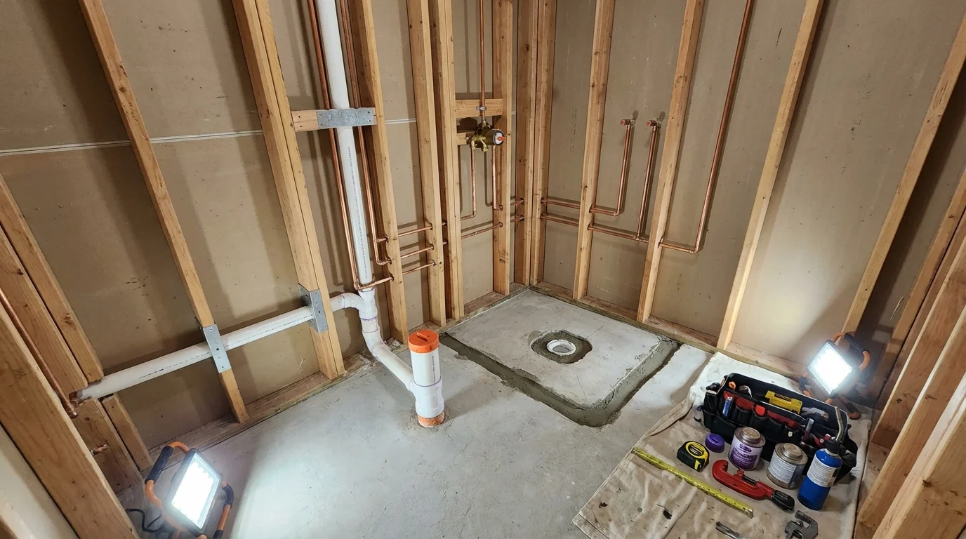 Bathroom rough-in plumbing during remodel by Johns Plumbing LLC in Bodega Bay