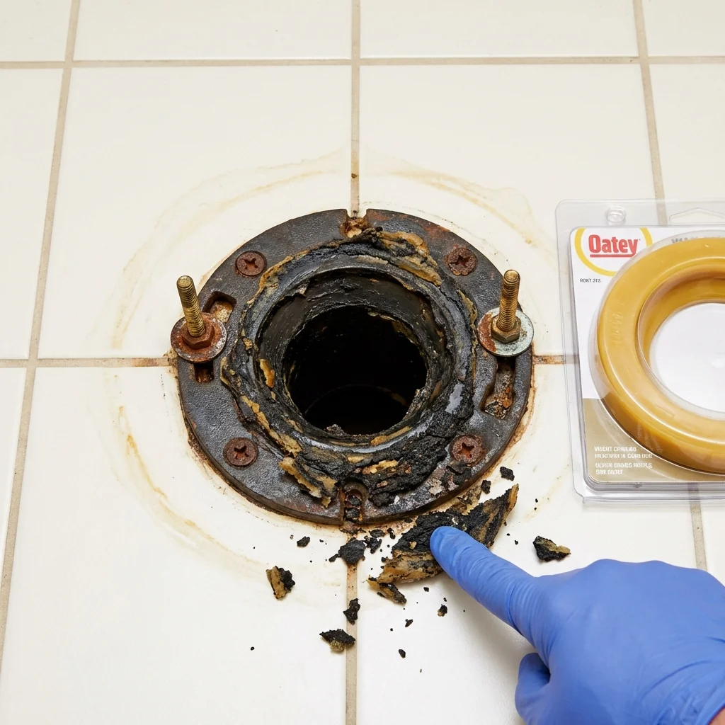 Failed wax ring showing water seepage at the base of a toilet in a Bodega Bay, CA home