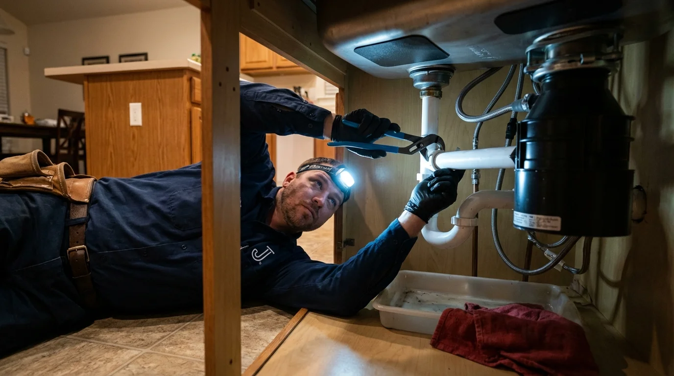 P-trap and supply line connections under a kitchen sink showing a common leak point in Bodega Bay, CA